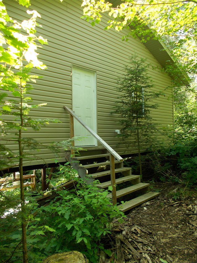 Steps with a railing up to the front door of the cabin surrounded by nature
